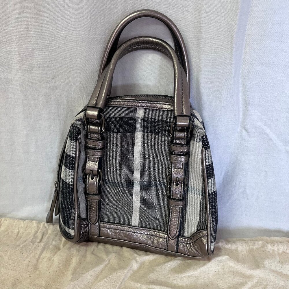 Burberry metallic silver leather-trim mini bowling bag in grey EUC